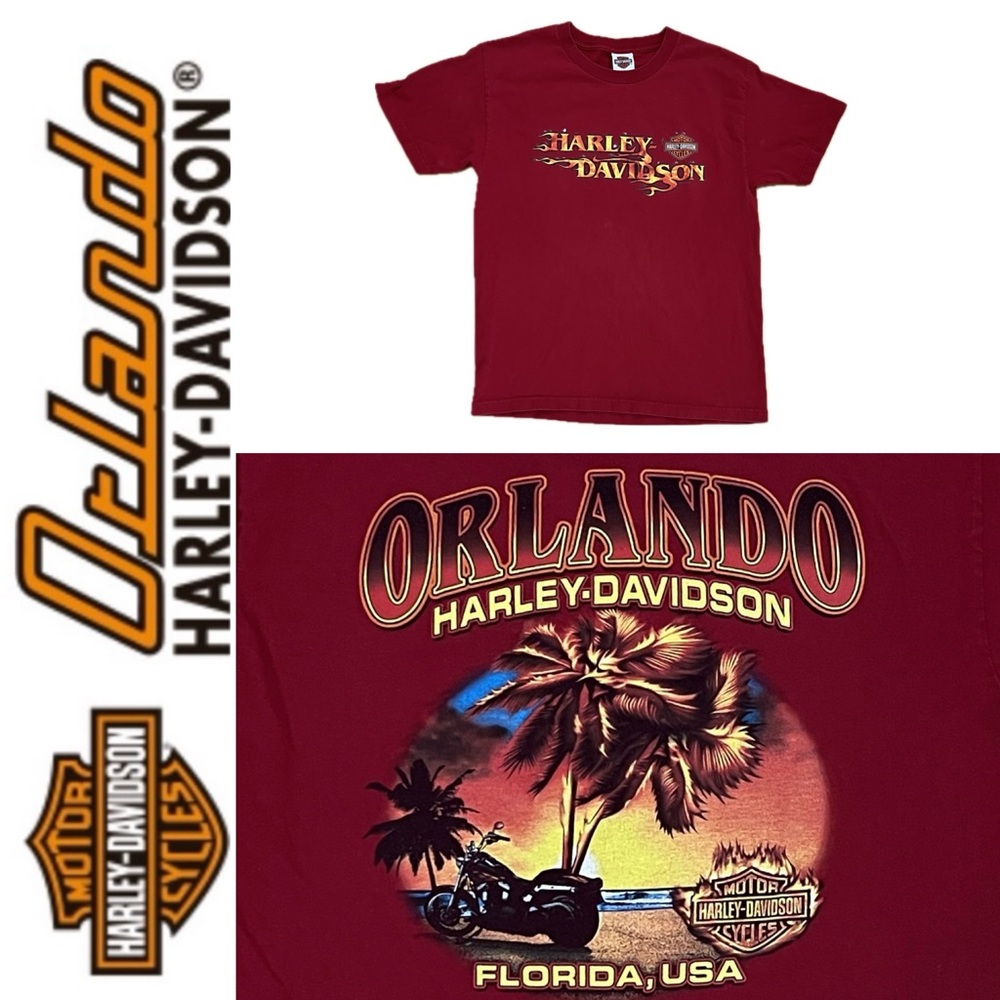 🏍️Orlando Florida USA Harley-Davidson Crimson Tee with Palm Trees & Flames Logo